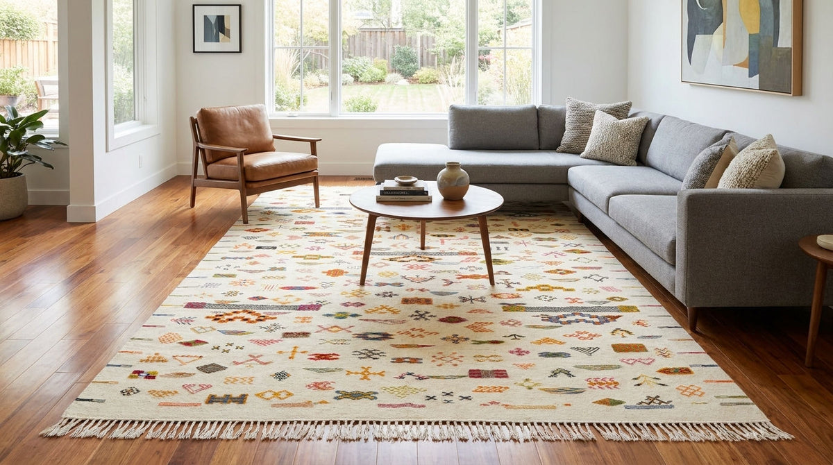 A large Moroccan wool area rug with a cream base and multicolored geometric and tribal-style patterns, styled in a bright modern living room with a gray sectional sofa, wooden coffee table, and hardwood floors.