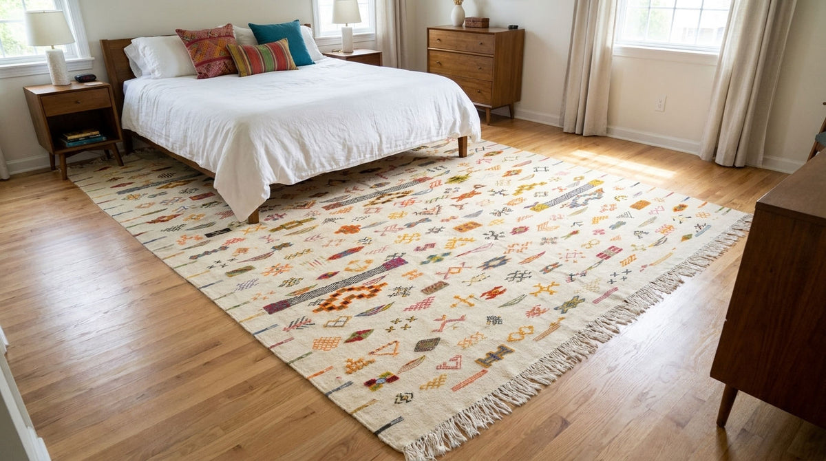 A large Moroccan area rug with a cream base and multicolor geometric and tribal-style patterns, styled in a bright bedroom on a light wood floor next to a bed with white linens.