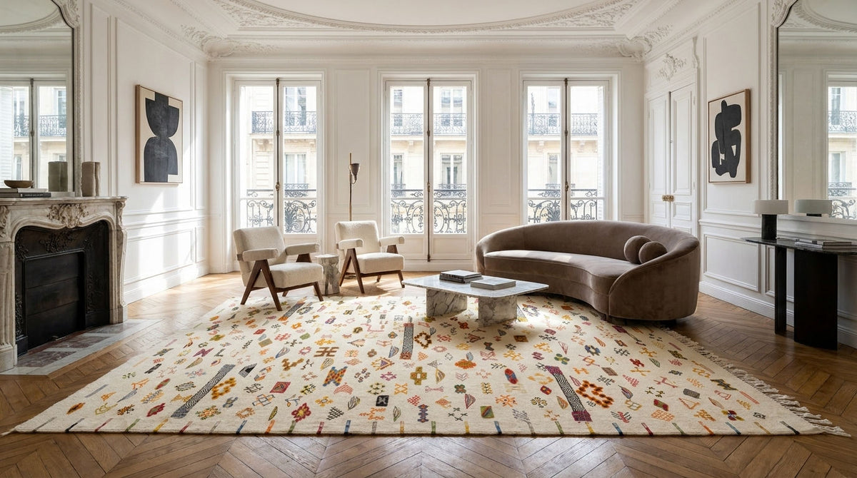 A large patterned area rug in a bright, classic Parisian-style living room with parquet floors, a curved brown sofa, and white walls.