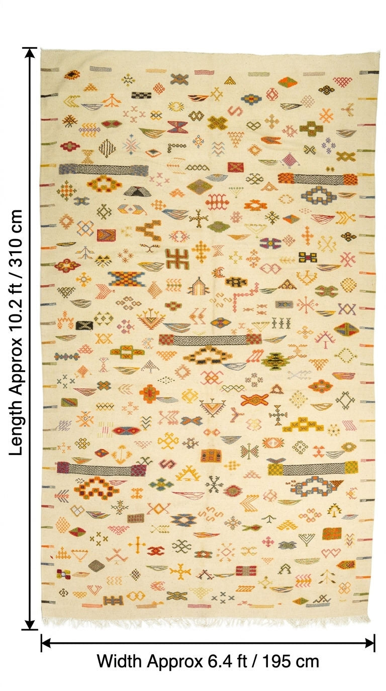 A flat-lay view of a rectangular woven rug with a cream background and a dense, multicolor geometric pattern. The image includes dimension lines.