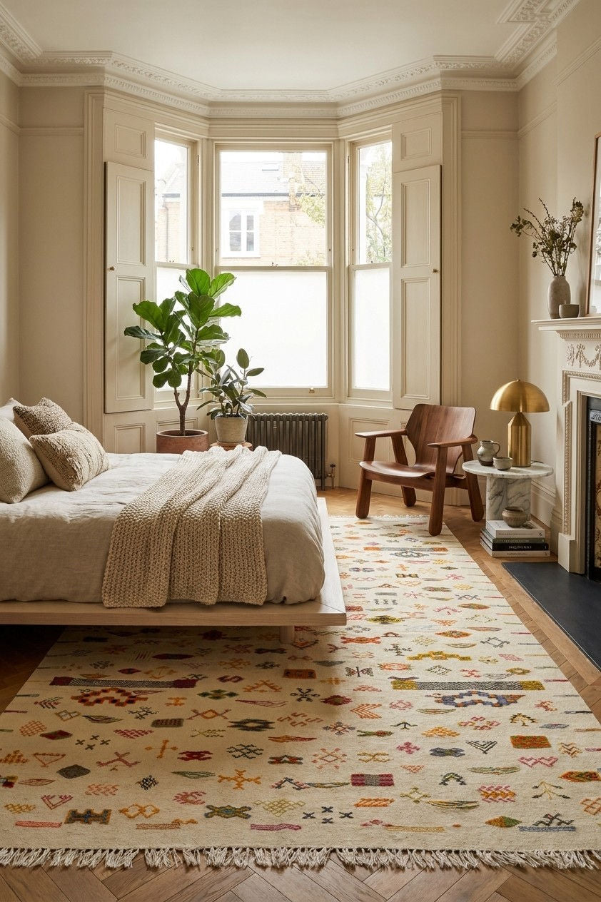 A large patterned area rug in a beautifully styled bedroom with a bed, wooden chair, bay window, and fireplace.