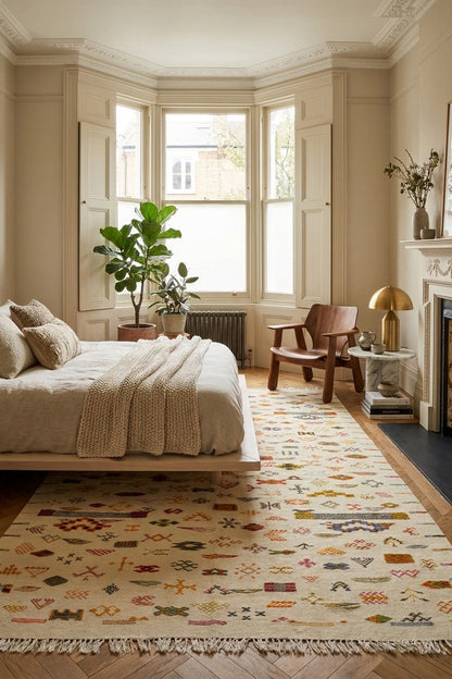 A large patterned area rug in a beautifully styled bedroom with a bed, wooden chair, bay window, and fireplace.