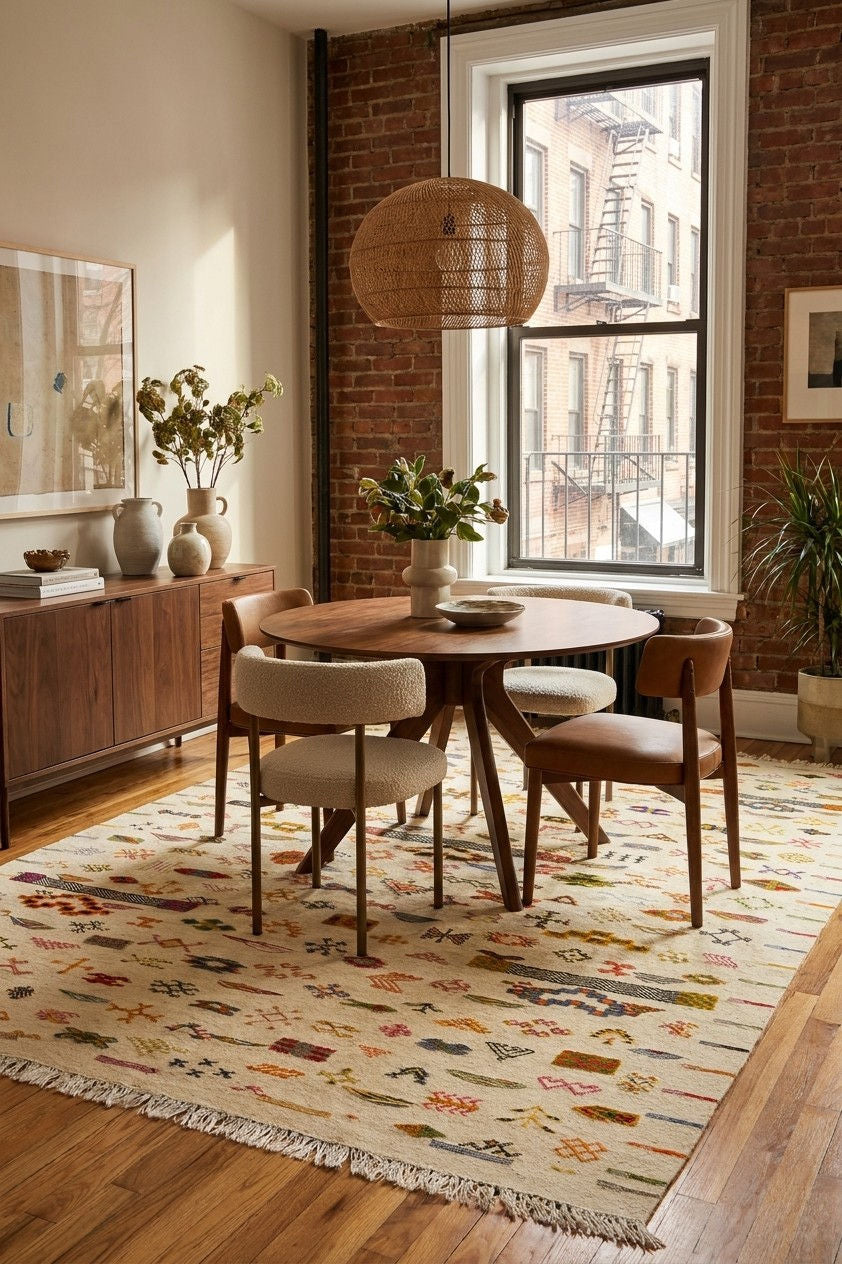 A styled dining room scene featuring a round wooden dining table with four upholstered chairs on a large cream and multicolor patterned area rug. The room has exposed brick walls, hardwood floors, a large woven pendant light, and a window looking out onto city buildings.