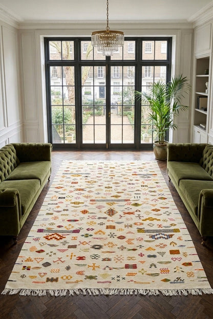 A long rectangular area rug with a cream base and multicolored geometric and tribal patterns, styled in a modern living room between two green velvet sofas.
