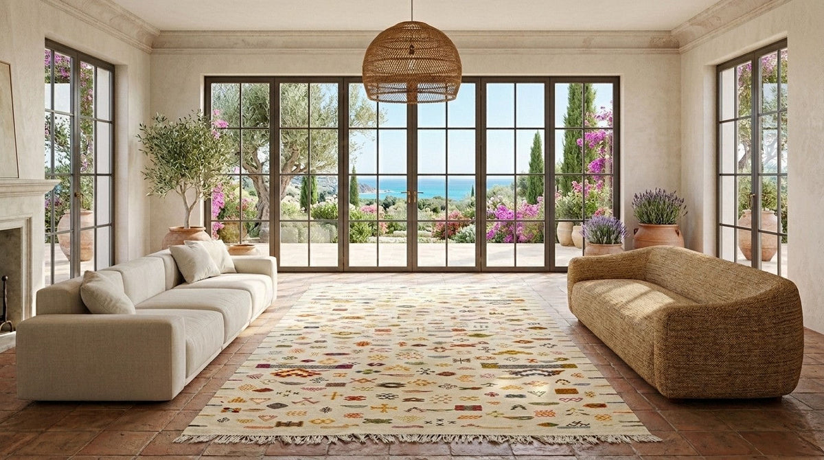 A large, modern living room featuring a prominent multicolor patterned area rug on a terracotta tile floor, flanked by a cream sofa on the left and a textured tan sofa on the right. Large floor-to-ceiling windows offer a view of a garden and the blue sea, and a woven pendant light hangs from the ceiling.