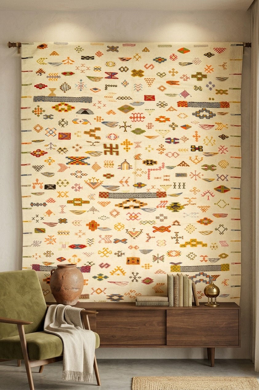 A large woven wall hanging or tapestry with a dense geometric Southwestern pattern in orange, red, green, blue, and gray on a cream background, displayed in a styled room above a wooden console table and next to a green armchair.