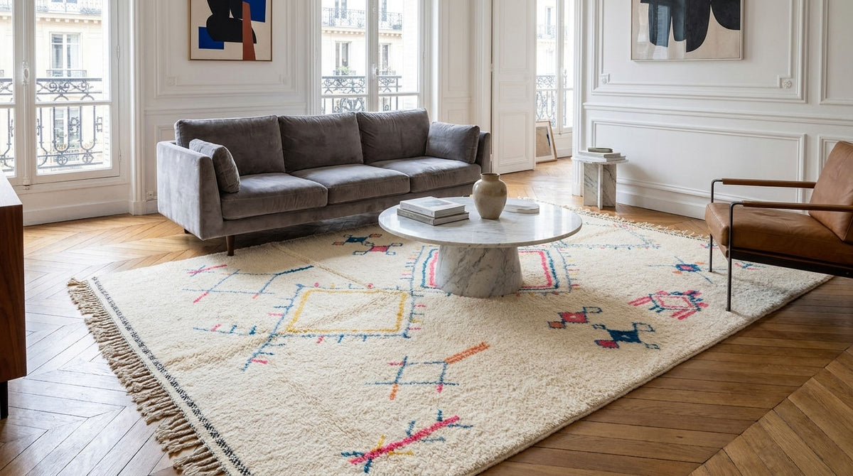 A large cream-colored area rug with colorful geometric patterns and fringe, styled in a bright, modern living room with a gray sofa, round coffee table, and wooden floor.