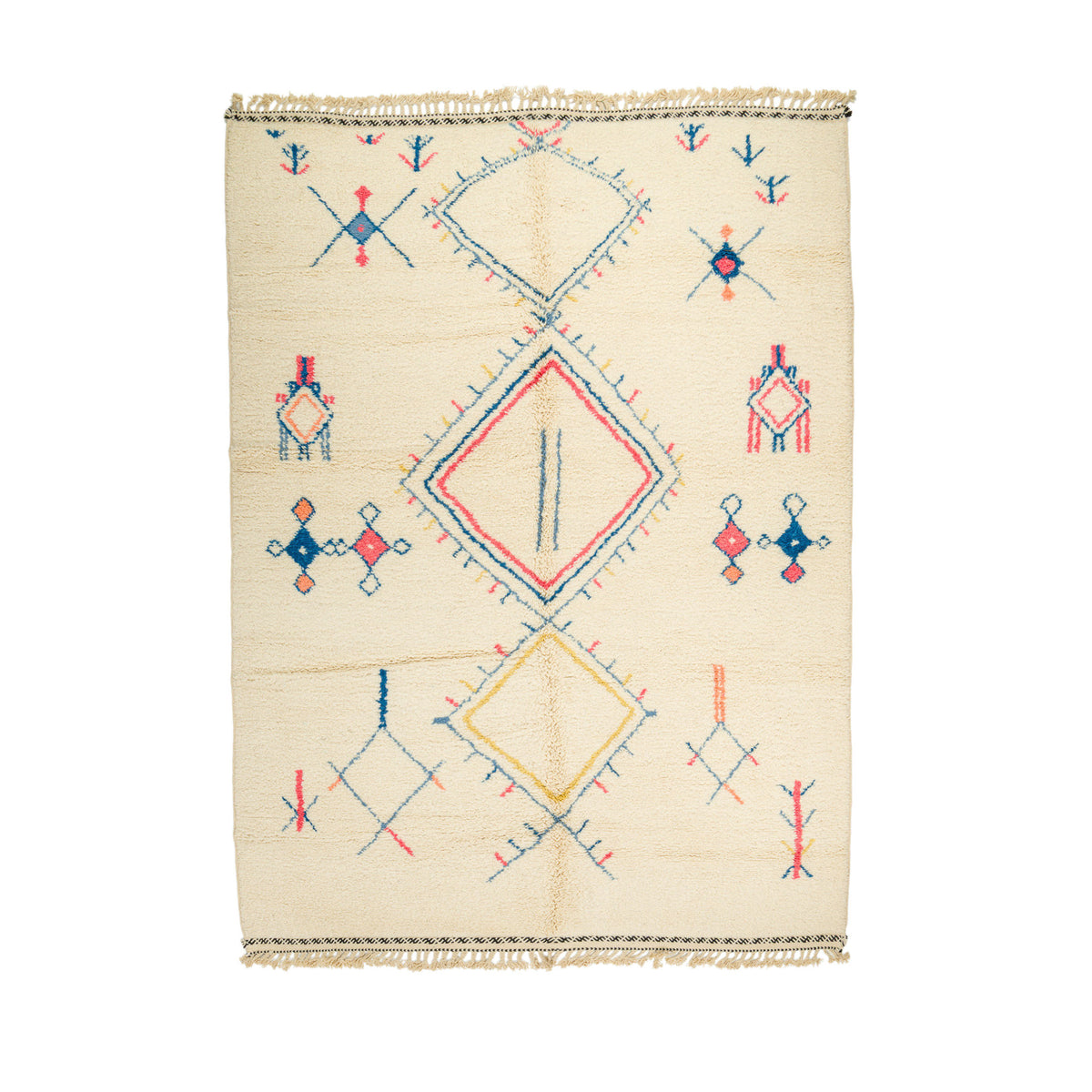 A rectangular cream-colored Moroccan rug with geometric diamond and cross motifs in red, blue, and yellow, finished with fringed edges.