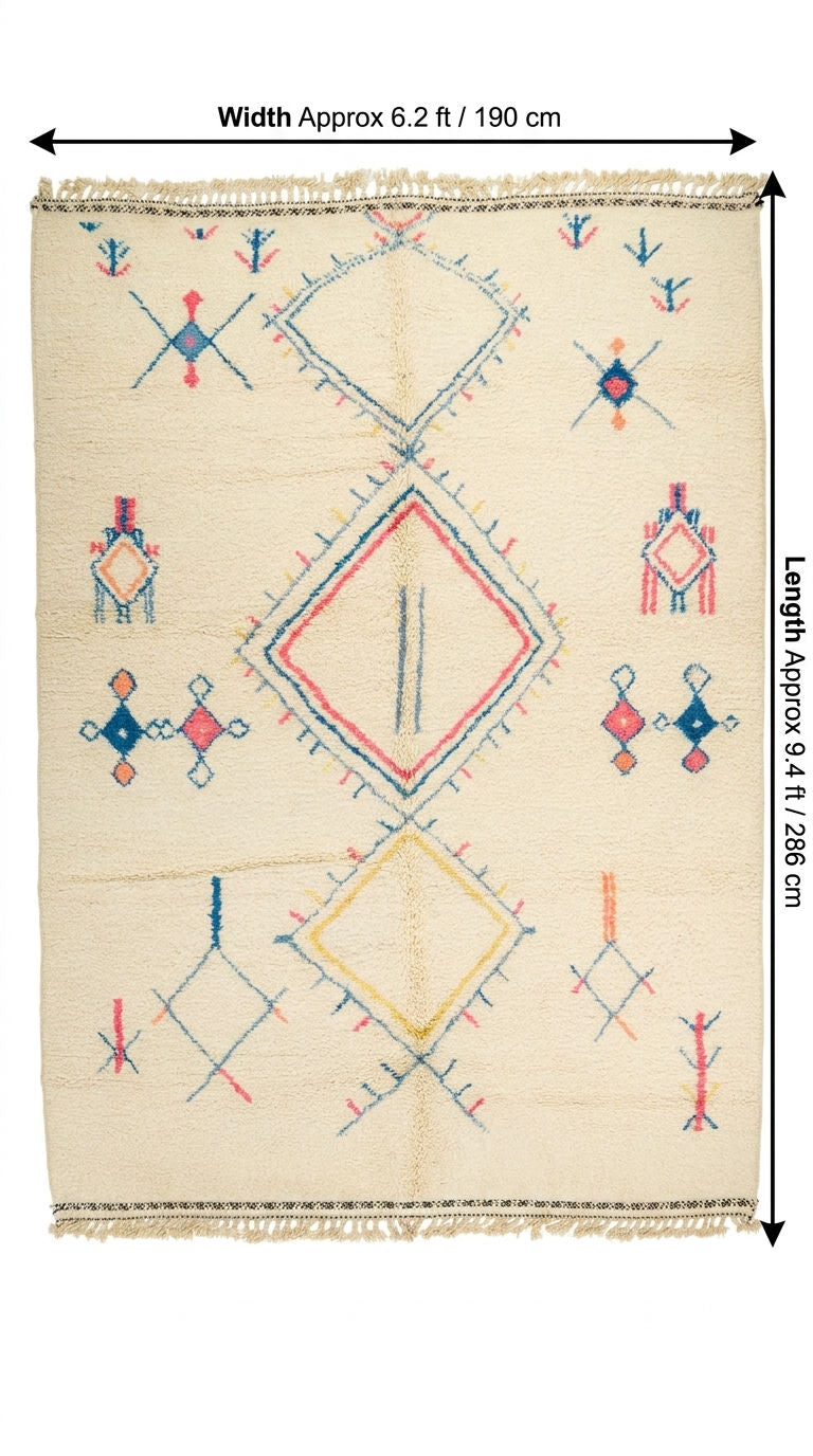 A rectangular woven rug with a cream base and colorful geometric diamond and cross motifs, shown with dimension arrows.