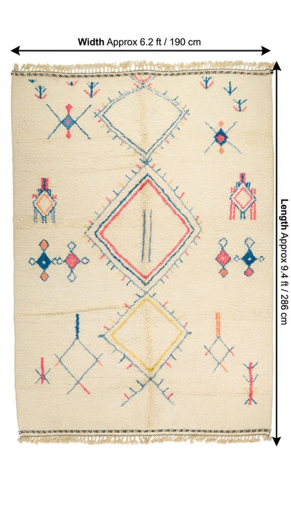 A rectangular woven rug with a cream base and colorful geometric diamond and cross motifs, shown with dimension arrows.