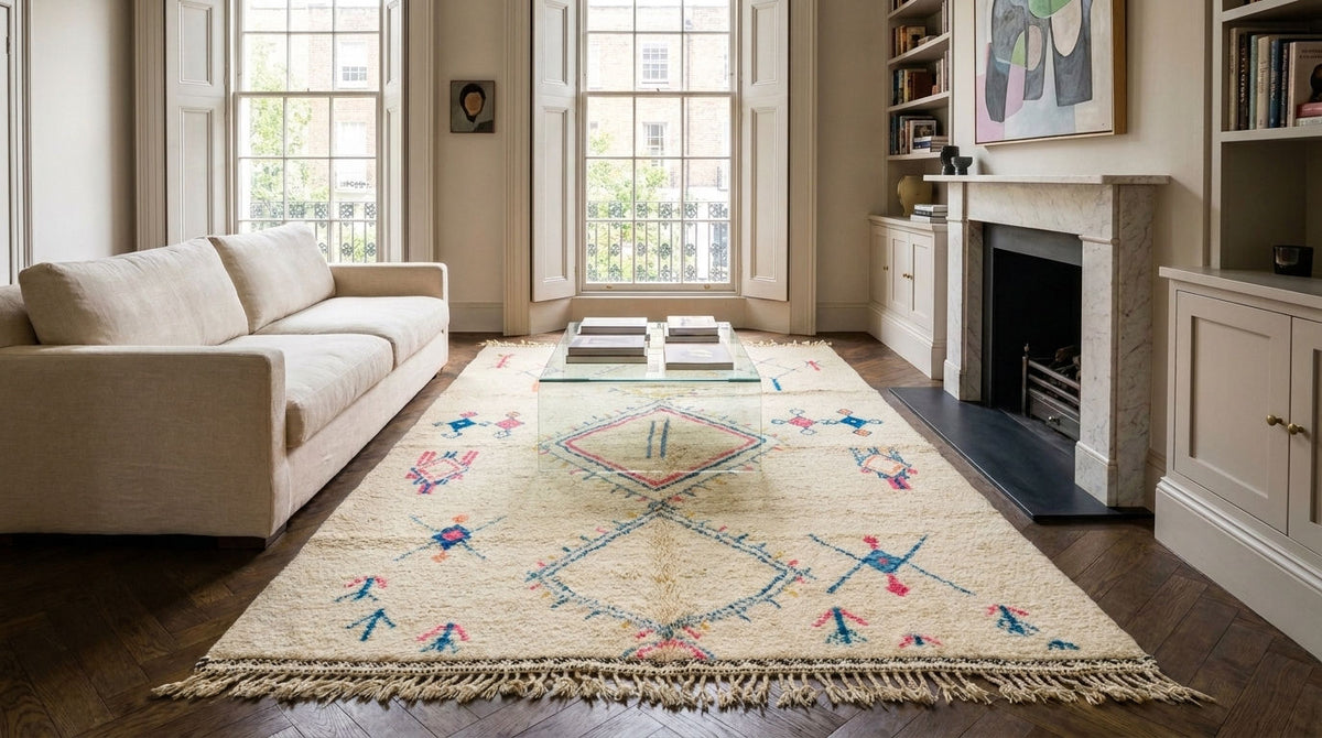 A large Moroccan rectangular area rug with a cream base and colorful geometric tribal patterns, styled in a bright, modern living room with a beige sofa, fireplace, and large windows.