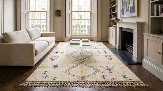 A large Moroccan rectangular area rug with a cream base and colorful geometric tribal patterns, styled in a bright, modern living room with a beige sofa, fireplace, and large windows.