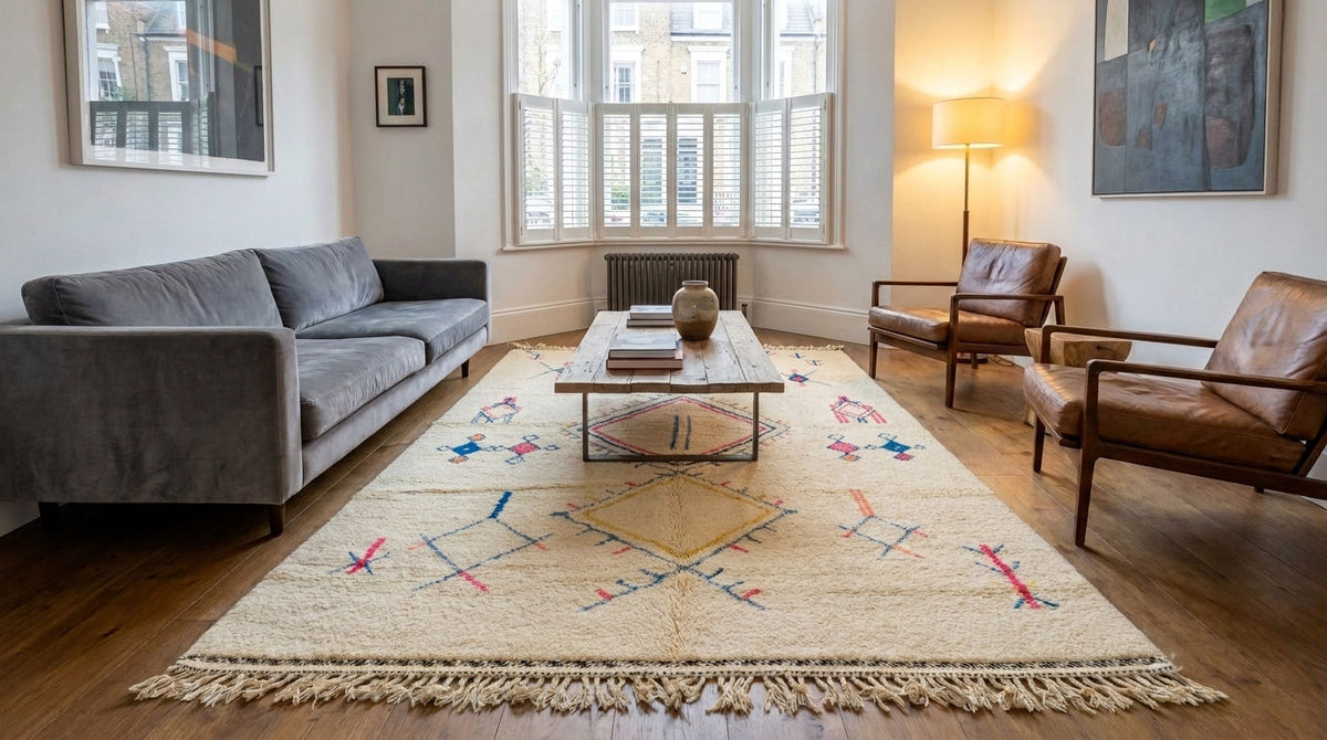 A large cream-colored area rug with a geometric diamond pattern and fringe, styled in a modern living room with a gray sofa, brown leather armchairs, and a wooden coffee table. This rug is handmade in Morocco.