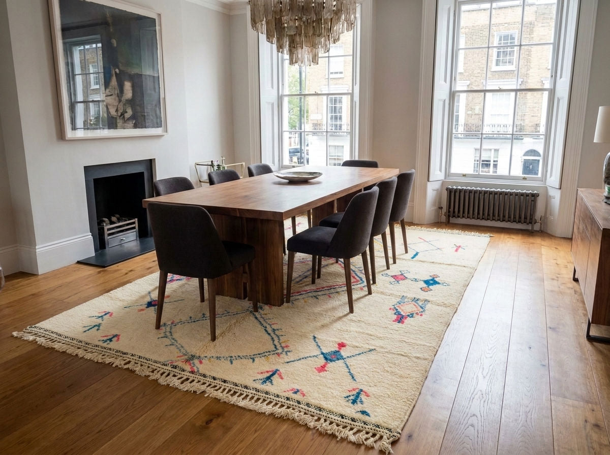  Large cream area rug with colorful geometric motifs and fringe set in a dining room scene with a rectangular wooden dining table and black upholstered chairs placed on a The room has hardwood floors, tall windows, a fireplace, and a chandelier.