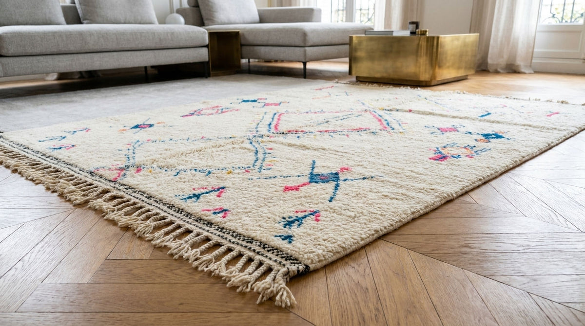 A Moroccan Berber rug with a cream base and colorful abstract geometric patterns, styled on a light wood herringbone floor in a modern living room setting.