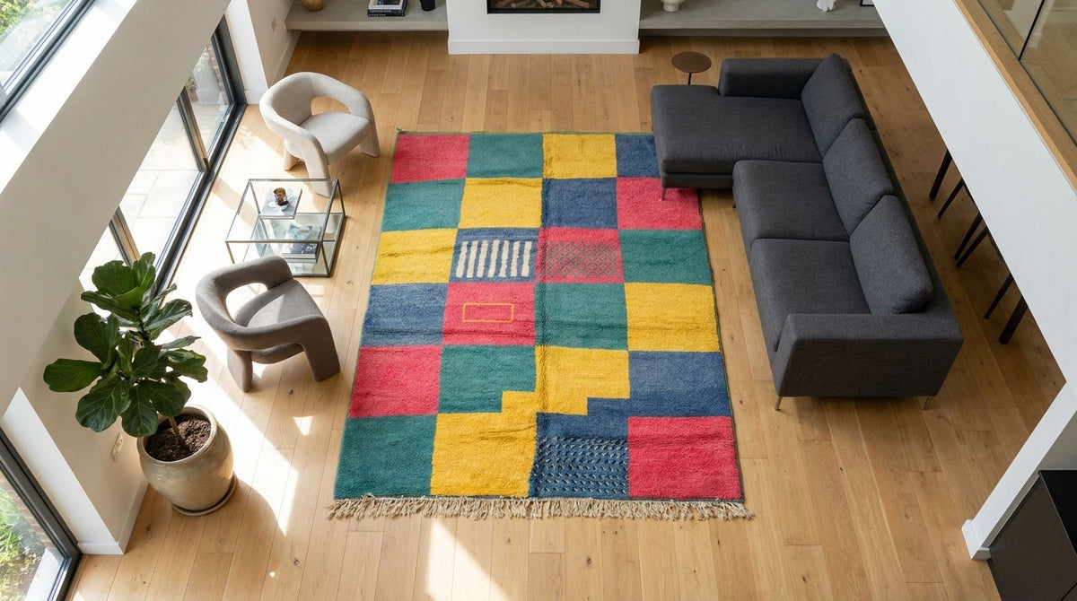 A colourful geometric area rug with a patchwork design in red, yellow, blue, and green, styled in a modern living room with a dark gray sectional sofa and light wood floors. The rug is a beauiful Moroccan rug.
