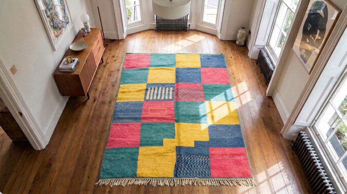 A colorful patchwork area rug with geometric blocks of red, yellow, blue, and green, laid out on a polished wooden floor in a bright room with large windows.