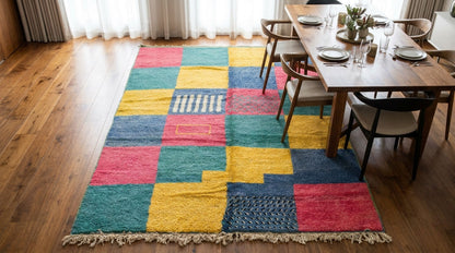 A colorful patchwork area rug with a fringed edge is styled in a dining room next to a wooden dining table and chairs on a hardwood floor.