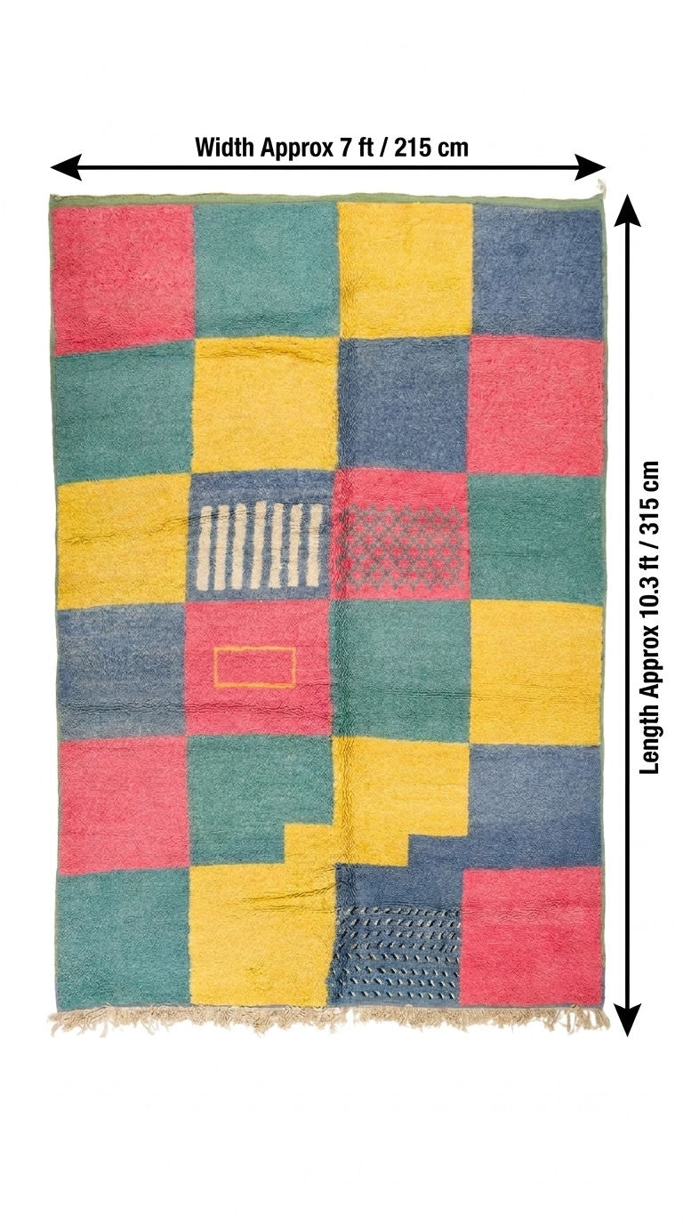 A multicolor patchwork area rug with a geometric block pattern in shades of green, yellow, red, and blue, shown with black dimension arrows indicating a width of approximately 7 ft (215 cm) and a length of approximately 10.3 ft (315 cm).