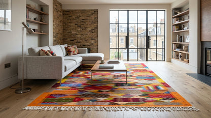 A vibrant, multicolored cubist moroccan area rug  from taznakht with white fringe is styled in a modern living room setting with a light gray sectional sofa, wooden coffee table, and large windows.