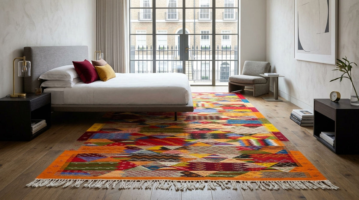 A vibrant, multicolored cubist moroccan area rug  from taznakht  with white fringe, styled in a modern, sunlit bedroom with a bed, bedside tables, and a large window.