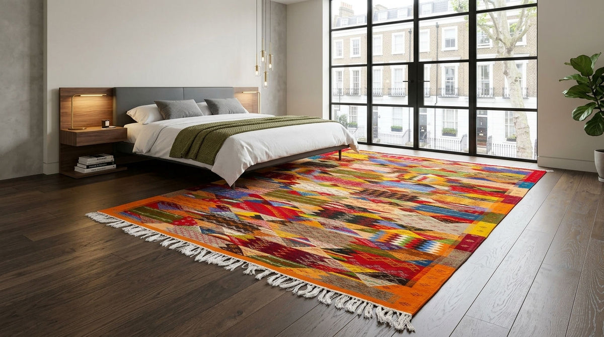 A colorful cubist moroccan area rug  from taznakht with white fringe, styled in a modern bedroom setting on dark wood floors next to a bed.