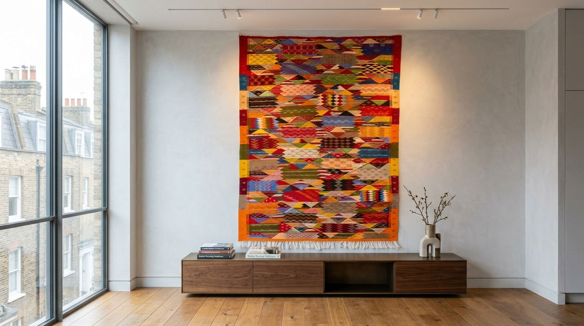 A large, vibrant, multicolored cubist moroccan area rug  from taznakht  used as wall hanging is displayed on a light gray wall in a modern room with a wooden floor and a low wooden console table.