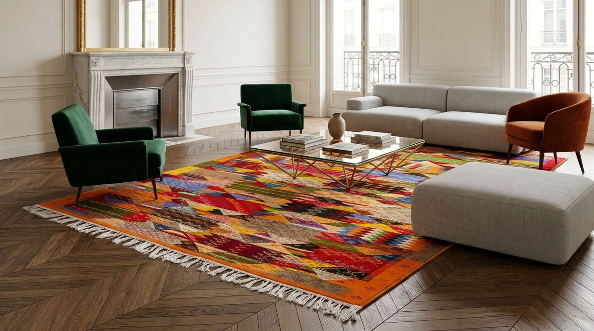 A large, vibrant cubist Moroccan area rug with fringe, styled in a bright, modern living room with a gray sofa, green armchairs, and a glass coffee table.