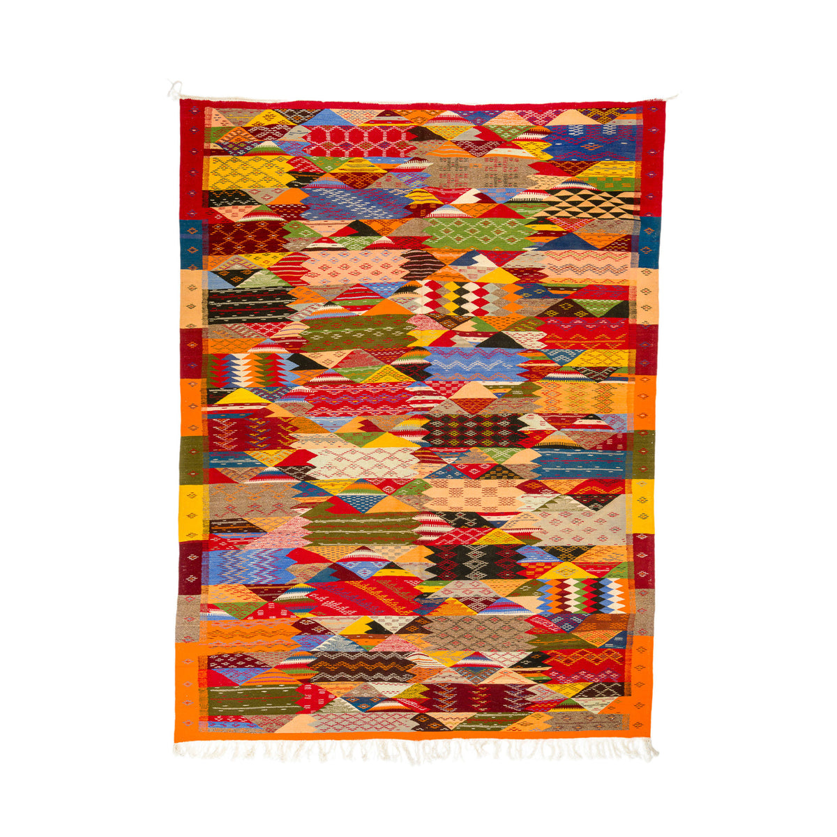 A square moroccan rug from taznakht with a vibrant, multicolor geometric cubist pattern and white fringe on the bottom edge, displayed flat against a solid white background.