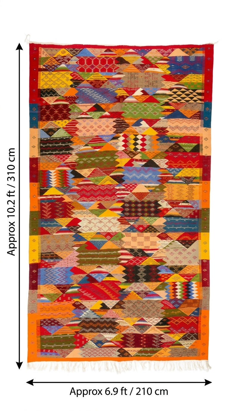 A multicolor cubist moroccan kilim rug  from taznakht with geometric patterns, shown with black dimension lines and text indicating its size as approximately 10.2 ft by 6.