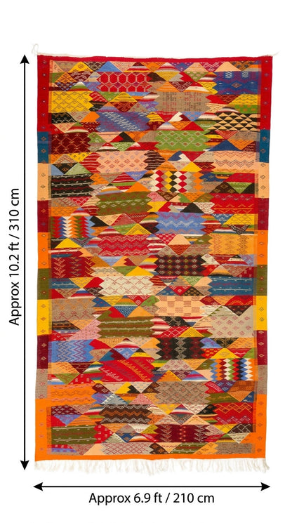 A multicolor cubist moroccan kilim rug  from taznakht with geometric patterns, shown with black dimension lines and text indicating its size as approximately 10.2 ft by 6.