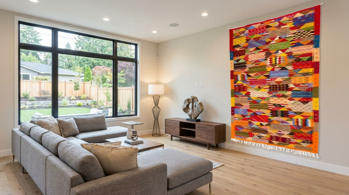 A large, vibrant cubist moroccan area rug  from taznakht  hanging on a wall in a modern living room with a gray sectional sofa, light wood floors, and a large window.