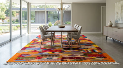 A large, cubist moroccan area rug  from taznakht with white fringe, styled in a modern dining room setting under a wooden dining table and six gray chairs.