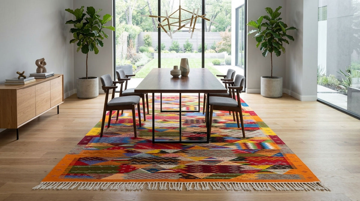 A vibrant, multicolored cubist moroccan area rug  from taznakht with fringe, styled in a modern dining room setting under a wooden dining table and chairs.