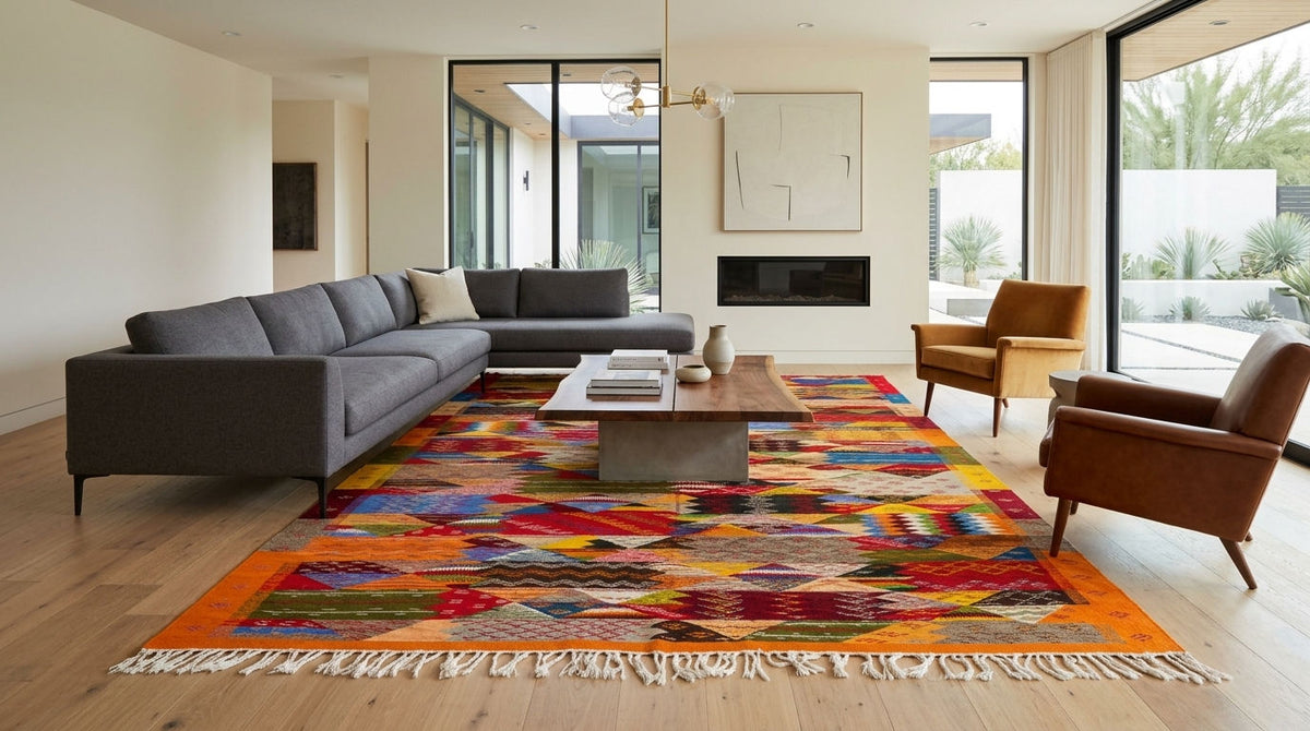 A large, vibrant taznakht moroccan area rug with fringe, styled in a modern living room with a gray sectional sofa, wooden coffee table, and two brown armchairs.