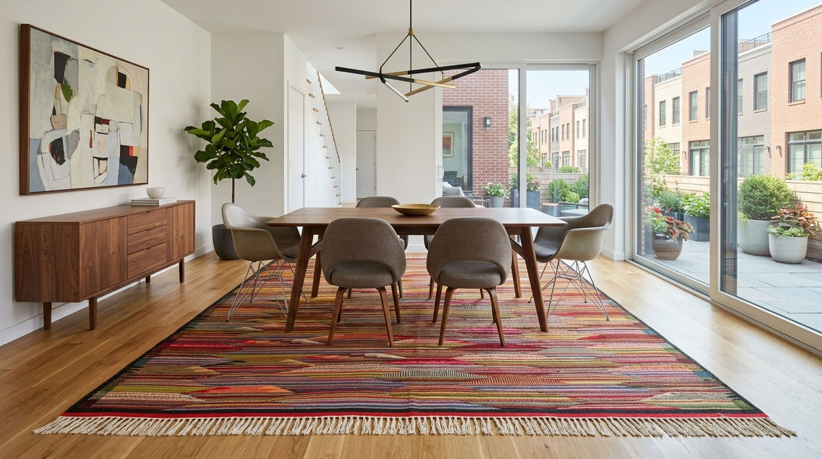 A colorful striped area rug from taznakht with fringe, styled in a modern dining room setting with a wooden dining table and chairs, large windows, and a sideboard.