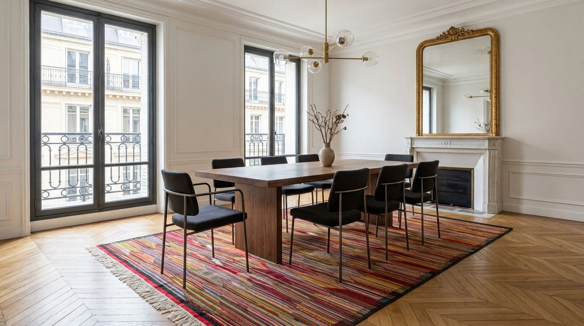 A modern dining room featuring a rectangular wooden table surrounded by black chairs, set on a colorful striped area rug from taznakht. The room has light-colored walls, a white fireplace with a gold-framed mirror, and large windows with a view of Parisian buildings.