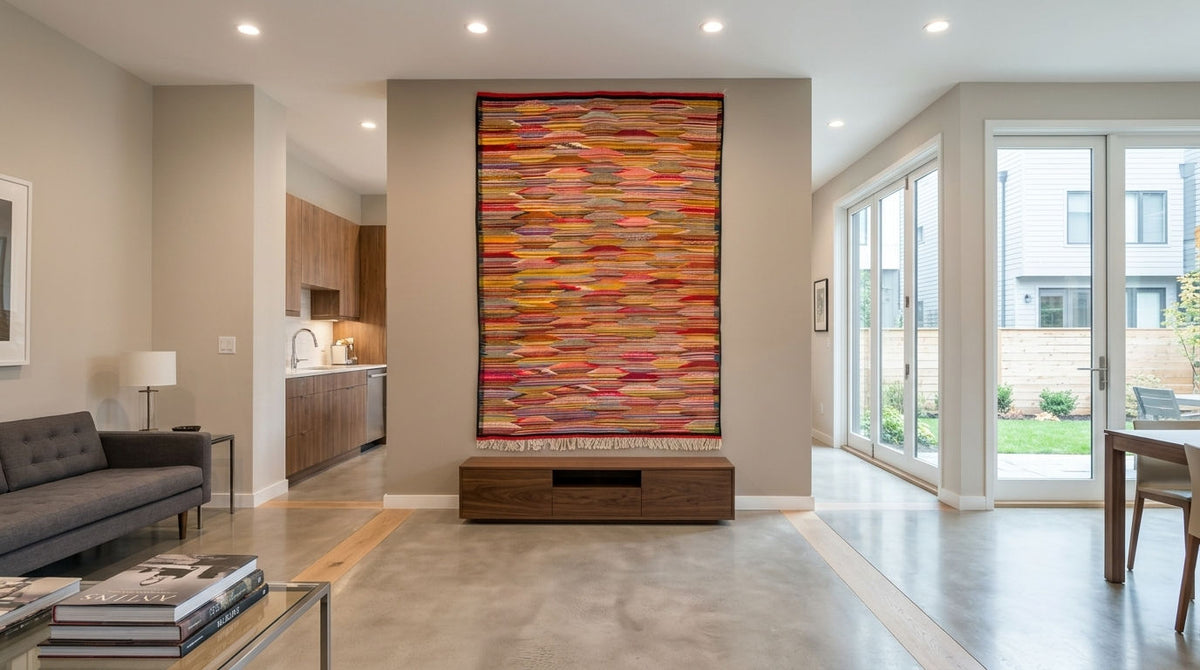 A large, colorful abstract wall art rug from taznakht with horizontal wavy bands in orange, red, yellow, pink, and blue, displayed in a modern living room setting above a dark wood console table.