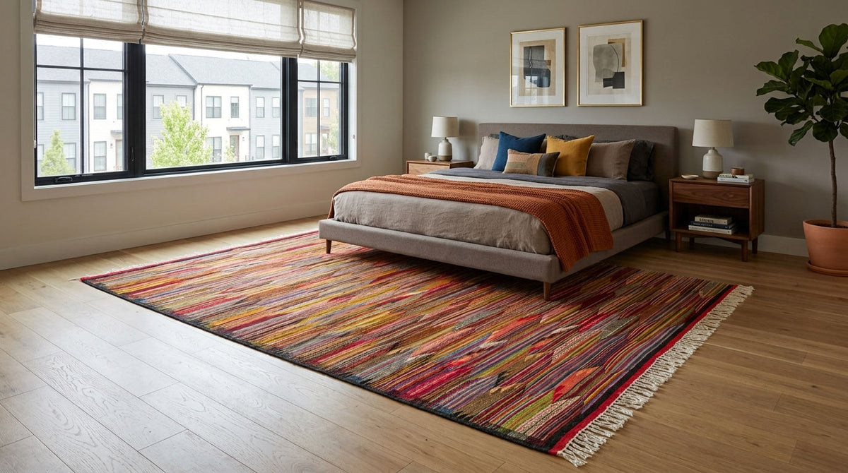A large rectangular area rug from taznakht with a multicolor striped pattern in red, orange, yellow, blue, and green, styled in a modern bedroom setting on a light wood floor.