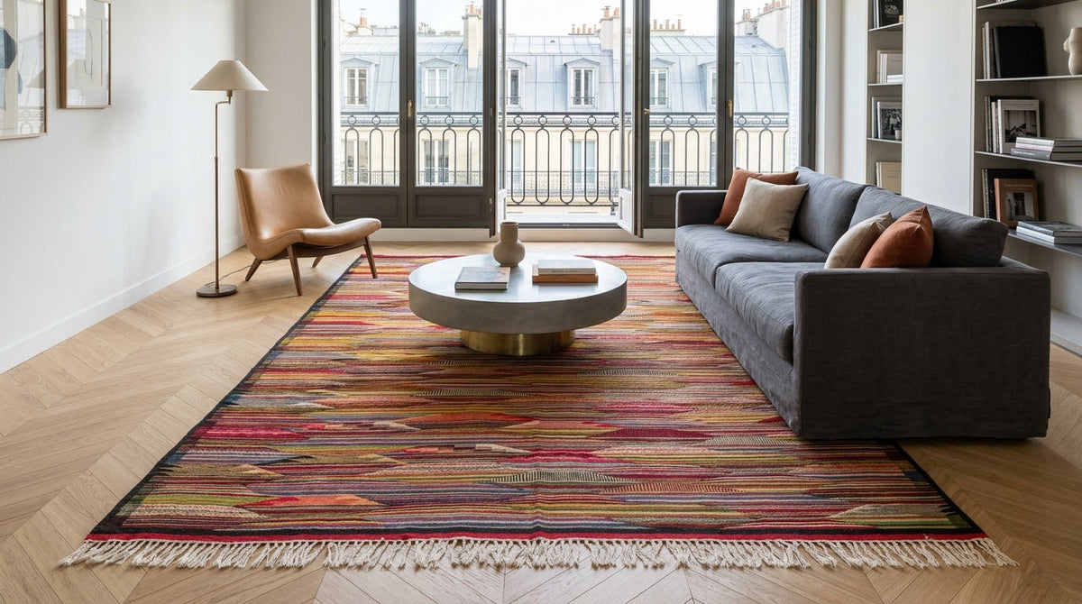 A large rectangulararea rug from taznakht with a multicolor geometric pattern and fringe, styled in a modern living room with a gray sofa, round coffee table, and wooden floors.
