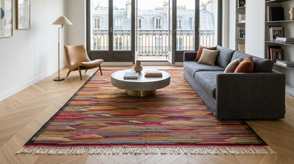 A large rectangulararea rug from taznakht with a multicolor geometric pattern and fringe, styled in a modern living room with a gray sofa, round coffee table, and wooden floors.