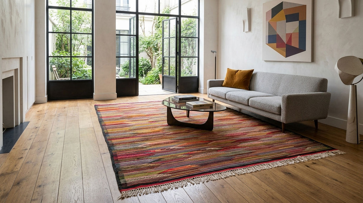 A large rectangular area rug from taznakht with a multicolor striped pattern in red, orange, yellow, green, and blue, styled in a modern living room with a gray sofa and wooden floors.