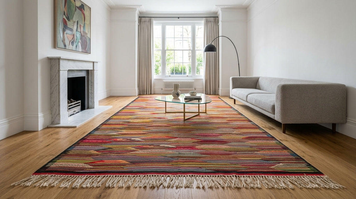 A large rectangular area rug from taznakht with a multicolor abstract cubist pattern in red, orange, yellow, blue, and green, styled in a bright living room with a gray sofa, glass coffee table, and fireplace.