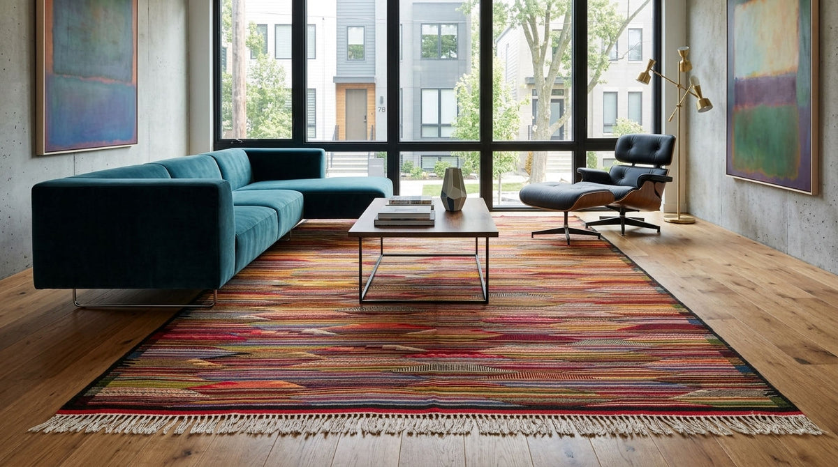 A large rectangular moroccan area rug from taznakht with a multicolor cubist abstract pattern in red, orange, yellow, green, and blue, styled in a modern living room with a teal sectional sofa, wooden coffee table, and large windows.