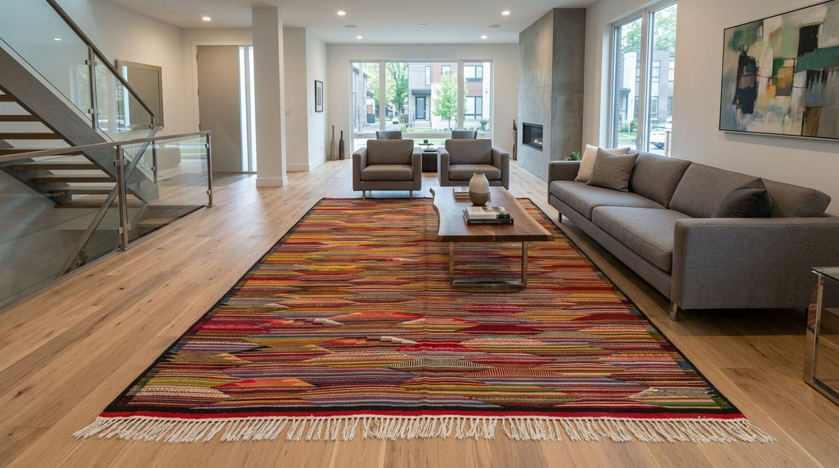 A large rectangular area rug from taznakht with a multicolor geometric pattern and white fringe, displayed in a modern living room with light wood floors, a gray sofa, and a staircase.