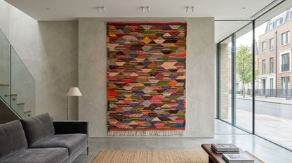 A large, colorful geometric patterned tapestry or wall hanging using a handwoven moroccan rug from Taznakht  is displayed in a modern living room setting with a gray sofa, a floor lamp, and large windows overlooking a street.