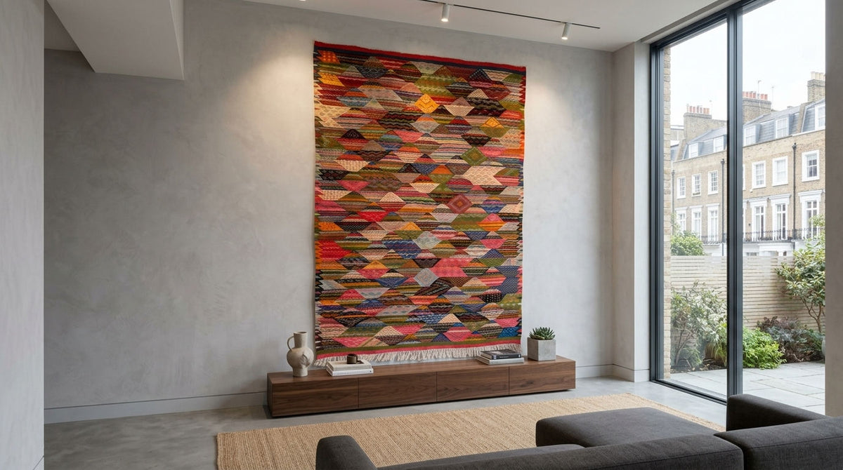 A large, colorful geometric patterned tapestry or wall hanging using a handwoven moroccan rug from Taznakht  is displayed in a modern living room setting with a gray sofa and large windows overlooking a street.