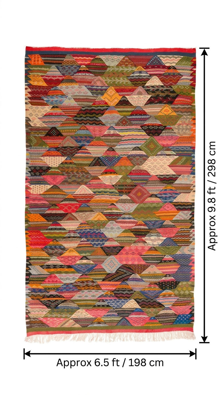 A multicolor cubist kilim rug with a geometric diamond pattern, shown with dimension lines indicating a height of approximately 9.8 ft (298 cm) and a width of approximately 6.