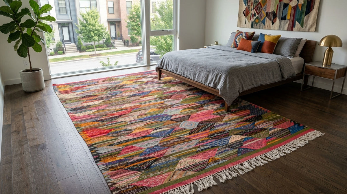 Moroccan Berber Wool Rug – Handwoven Reversible Taznakht Kilim, 298 x 198 cm / 9.8 x 6.5 ft