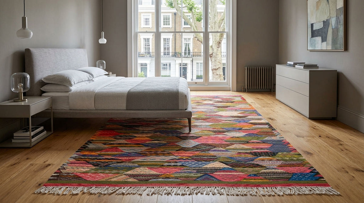 A colorful handwoven cubist moroccan rug from Taznakht  with white fringe, styled on a light wood floor in a modern bedroom setting with a bed, bedside tables, and a large window.